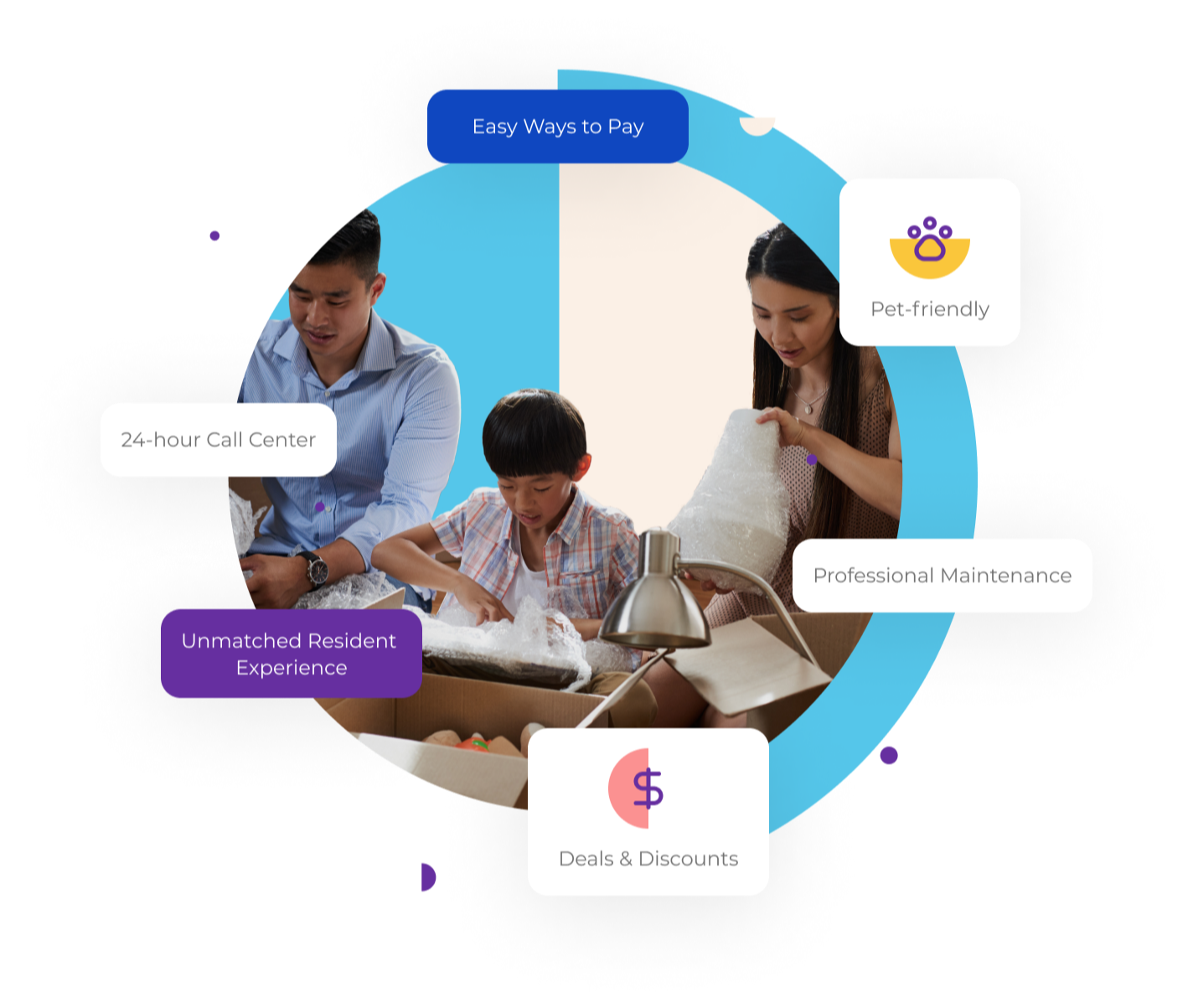 A couple with a child is unboxing the house-shifting items.